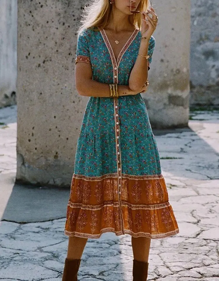 

SAILING LU Bohemian Print Dress Summer 2019 Sexy Deep V-neck Long Dress Plus Size 5XL Single Breasted Vestidos Female WQS2292
