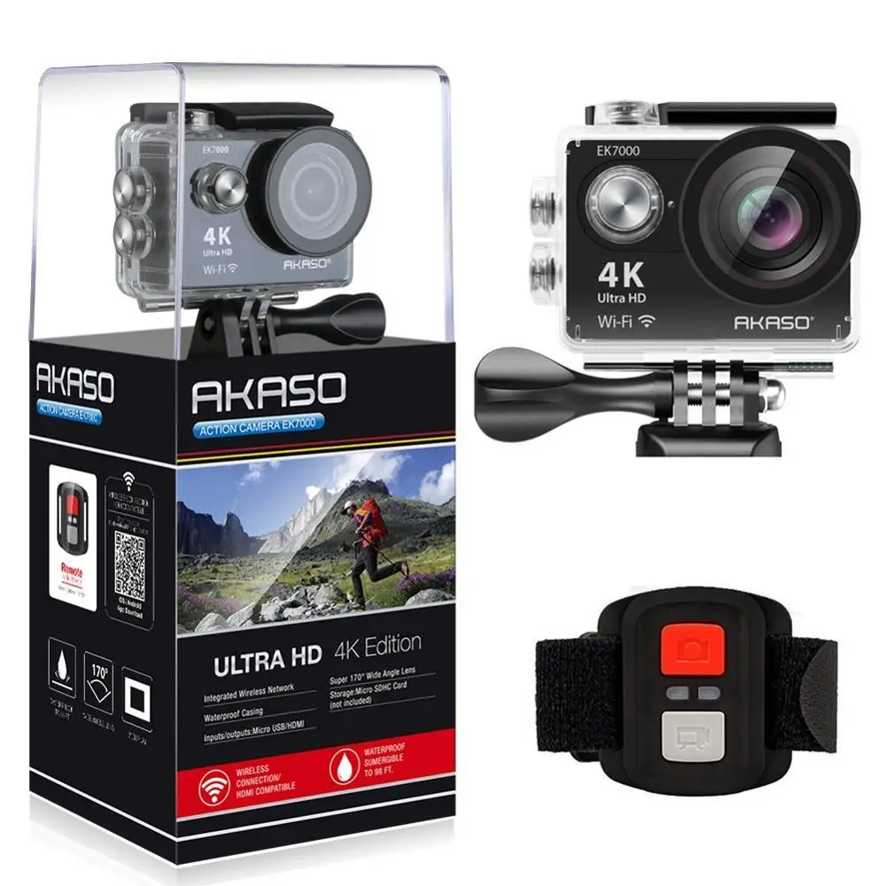 AKASO EK7000 Экшн-камера Ultra HD 4 K WiFi 1080 P/60fps 2,0 lcd 170D объектив шлем Cam Водонепроницаемый Pro Спортивная камера - Цвет: Черный