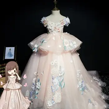 

High-end Chilldren Ball Gown First Holy Communion Dress Birthday Party Gown Long Trailing Appliques Dress Modis Vestidos Y1659