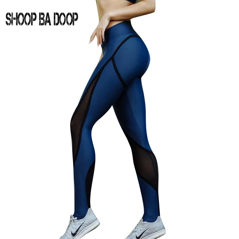 

SHOOPBADOOP Blue Sexy Mesh Gym Sportswear Yoga Sports Tights Women Leggings Fitness Clothing Running Low Waist Elastic Pants