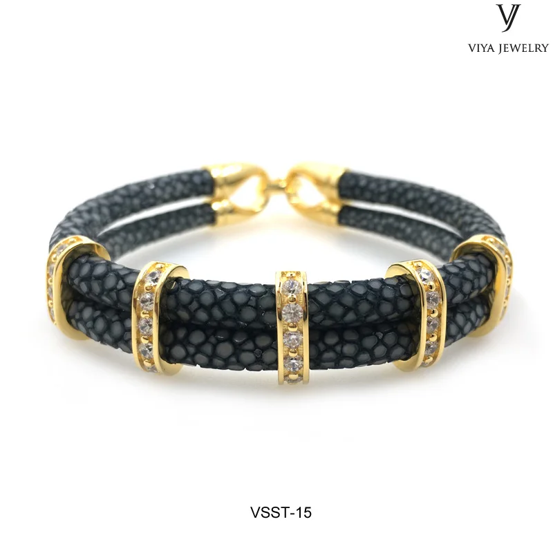 VSST-15 GENUINE GREY STINGRAY LEATHER CORD WITH GOLD CLASPS ,MEN SILVER BRACELET (9)