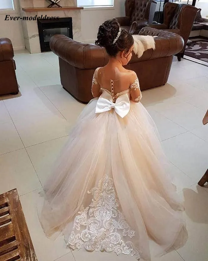 Милые платья с длинными рукавами и цветочным узором для девочек на свадьбу 2018 года, кружевное бальное платье с прозрачной горловиной для