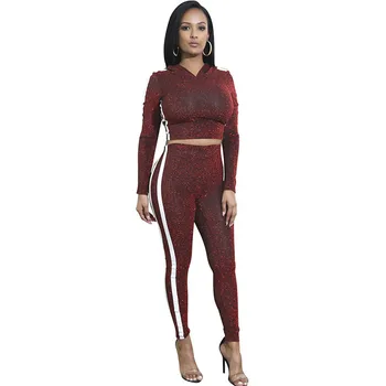 

Women Two Piece Set Hooded Tracksuit 2018 Autumn Spring Glitter Long Sleeve Crop Top +Striped Wide Leg Pants Leisure Sweat Suits