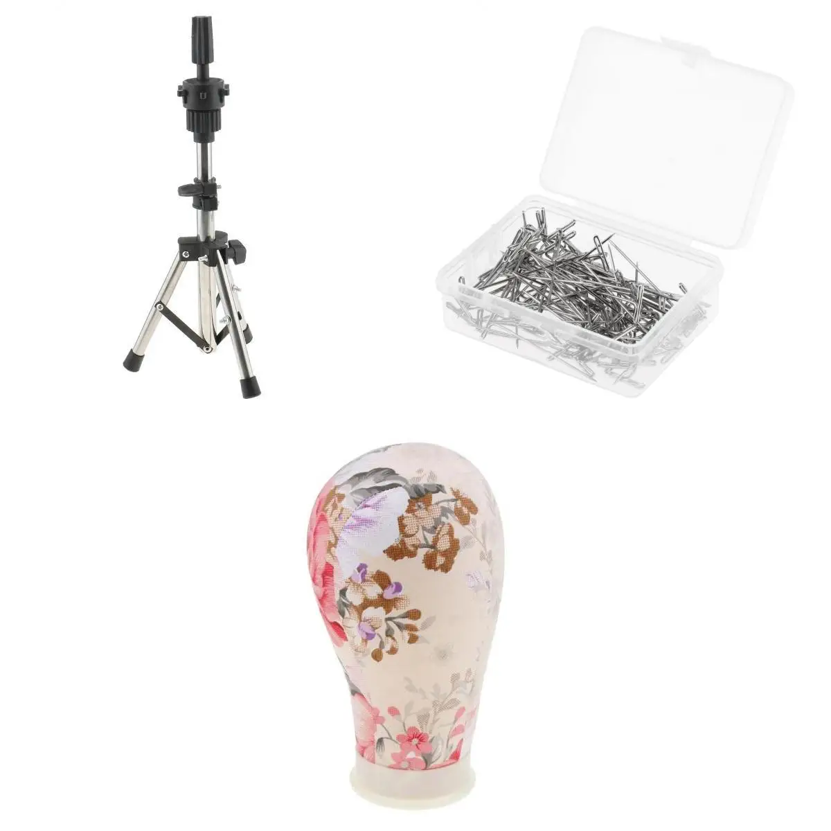 

Mannequin Cork Canvas Block Head+Pratice Tripod Holder Stand+100 T Needle Pins Wig Making Sewing Tools Set