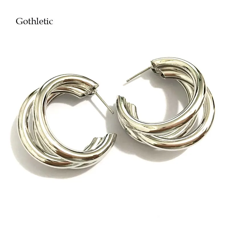 

Gothletic Statement Wide Hoop Earrings Gold/Rhodium Color 3 Layered Copper Tubes 30MM Small Round Earrings for Women Jewelry