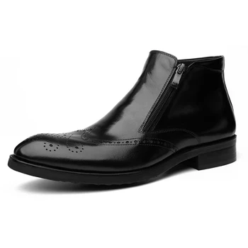 

Hot 2019 Europe American Men's Double Zippers Carved Genuine Leather Shoes Mens Pointed-Toe Business Dress Shoes Bullock Boots