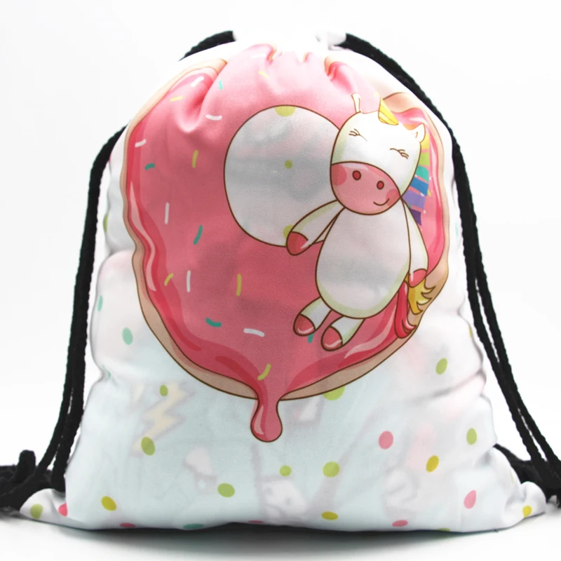30PCS LOT Drawstring Bags 3D Printed Cute Animal Donuts Pattern Women Schoolbags Travel Bags Portable Beach