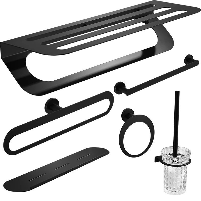 Baratos Kit de accesorios para baño de estilo nórdico, estante para toallas de papel negro, estante para baño negro, estante de papel para esquinas MJ8100