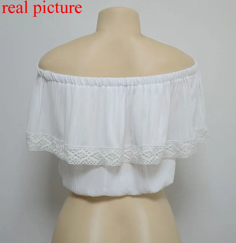 Verano 2018 bohemio blanco crop top para mujer fuera del hombro encaje empalme camiseta camisetas y tops cuello slash mujeres ropa venta