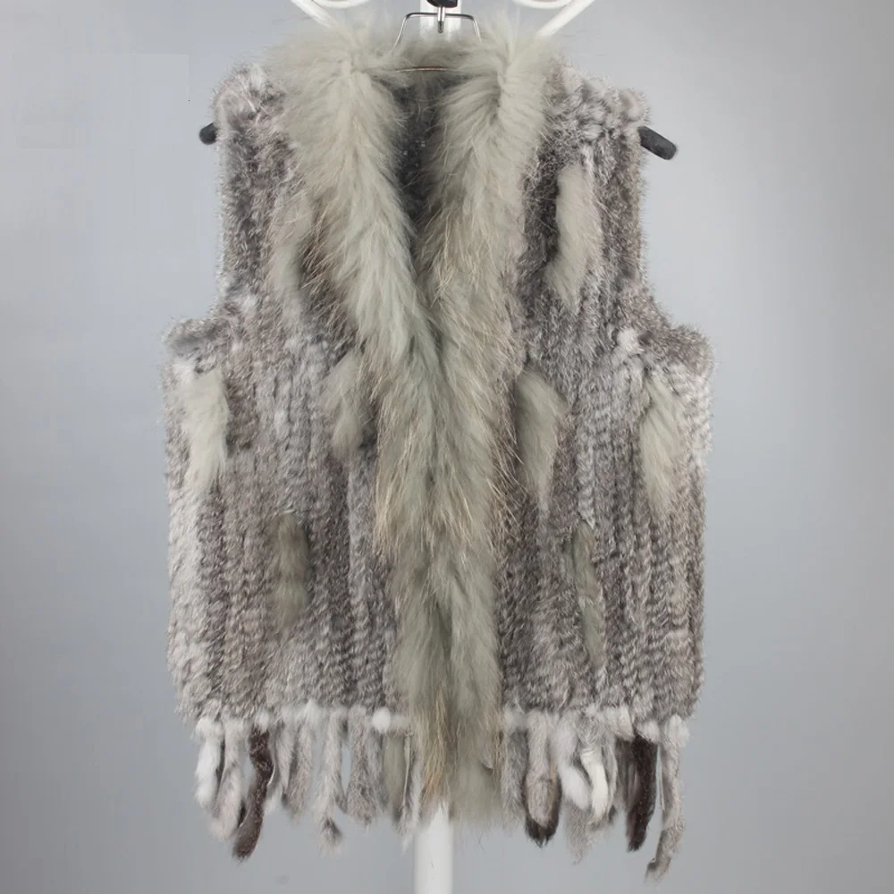 

New Genuine Knitted Rabbit Fur Vest With Raccoon Fur Collar Real Rabbit Fur Gilet Winter Fur Waistcoat TBFP781
