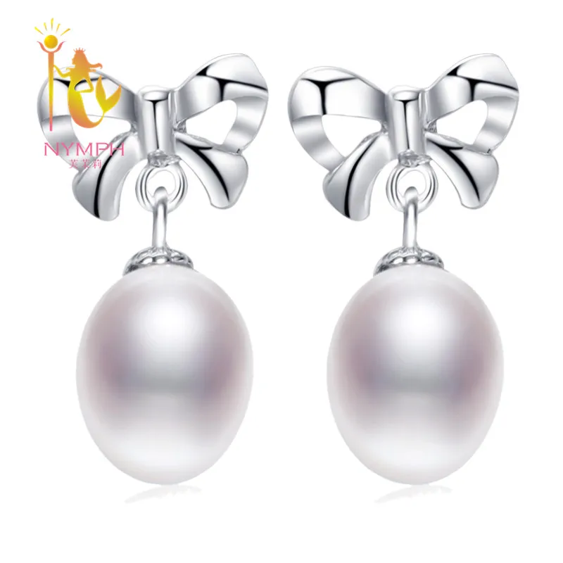 

NYMPH Elegant Sweet Pearl Drop Earrings 925 Silver Fine Jewelry Bow-knot Teenage Style For Girl Gift Party Daily E252