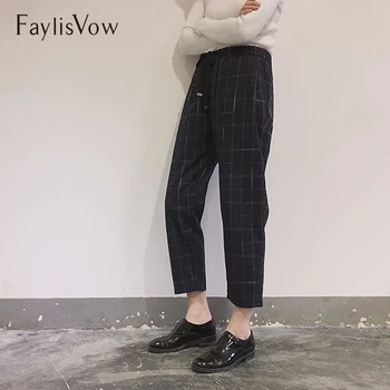 

Loose Pants Women Gray Blue Plaid High Waist Ankle Length Trousers Autumn Female England Style Striped Harem Pants Harajuku