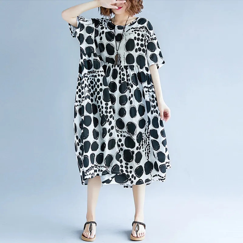 

Johnature Print Dot Patchwork Cutton Linen Loose knee-length Women Dress Regular short-sleeve o-neck Spring Summer Dress