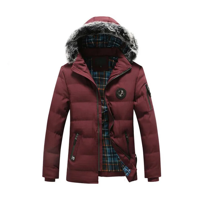 

2108 winter fashion men jacket solid color faux fur collar hooded coat thick warm parka men high quality casual jacket men cloth