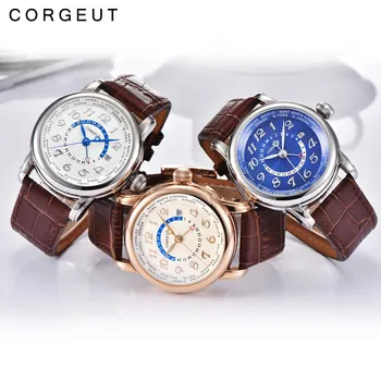 

Corgeut Luxury Brand Mechanical Watch Fashion Leather Top Dual time zone GMT Automatic Men Watch Leather Mechanical Wrist Watch