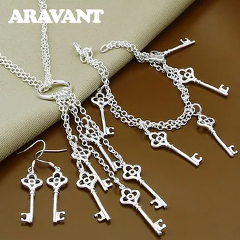 

925 Silver Keys Tassel Necklace Earrings Bracelets Jewelry Sets For Women Bridal Wedding Jewelry