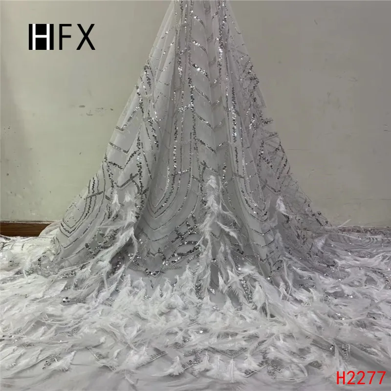 

HFX Luxury African Lace Fabrics Sequin Embroidered High Quality French Net Lace White Wedding Feathers Dress Tulle Lace X2277
