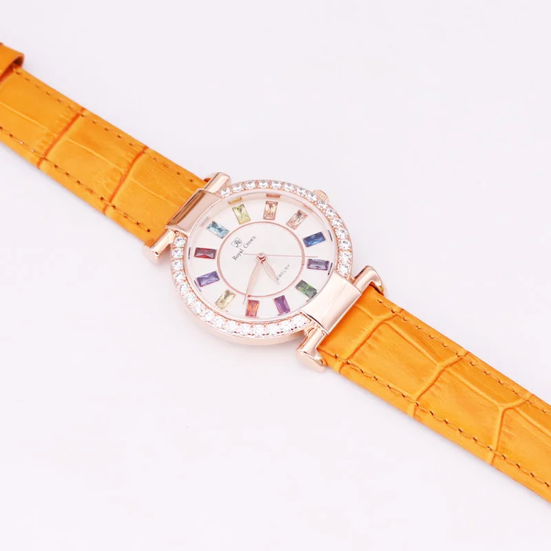 Королевская корона, большие женские часы, японские кварцевые часы с кристаллами, изысканная модная одежда, браслет, кожа, роскошные стразы, подарочная коробка - Цвет: Rose Gold Orange