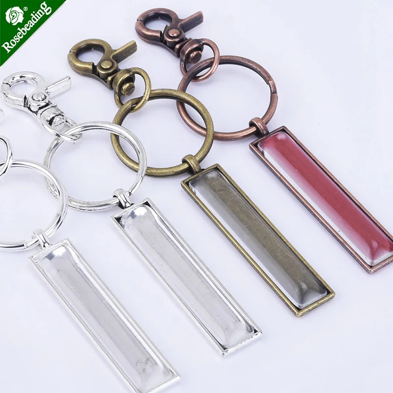 

10x50mm DIY Key Chains Kits Rectangle Bezel Pendant Trays Glass Cabochon ,sold 5pcs/set