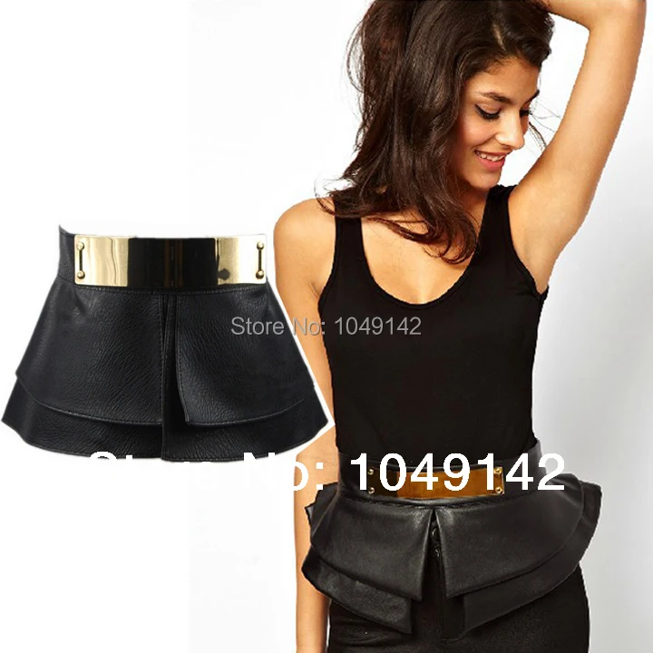 

women apparel accessories gold metal mirror face cummerbund black pu leather ultra wide waist belts