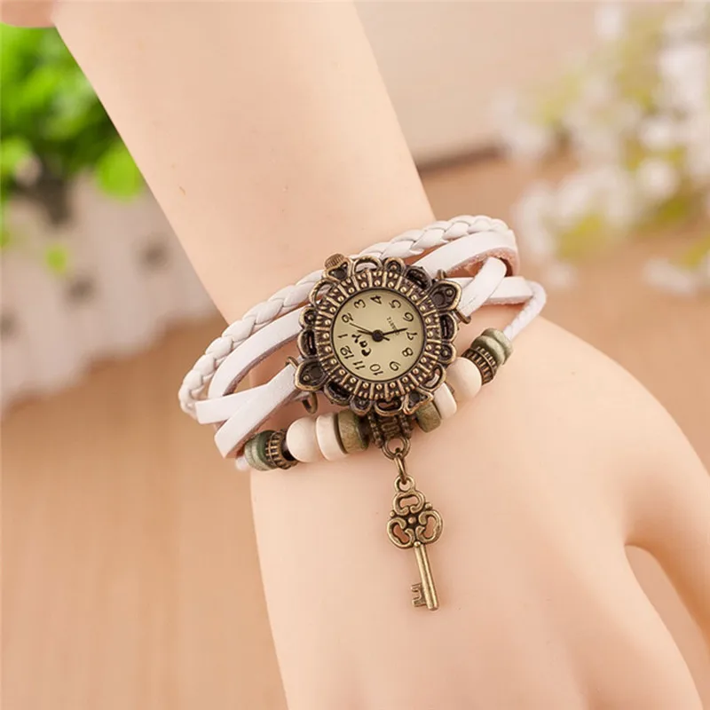 

Fashion Leather Bracelet Watch Women Casual Dress Vintage Leaf Beads Wristwatch Luxury Quartz women Watch relogio feminino #C