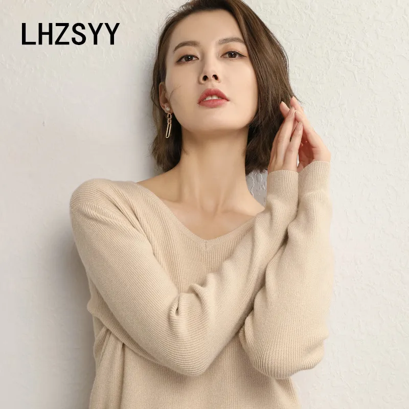 

LHZSYY Autumn Winter New Women's V-Neck Sweater Loose High Quality Wool Knitted Pullover Solid Short Female Sweater Warm Shirt
