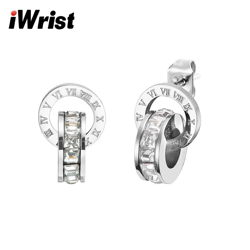 Iwrist мода круглый кристалл римскими цифрами серьги стержня для Для женщин