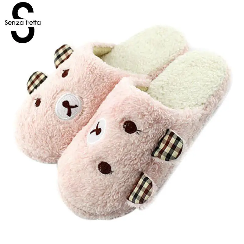 

Senza Fretta Women Shoes Indoor Slippers Slide Velvet Slippers Soft Warm Slippers Autumn Side Ear Sprouting Bear Shoes Women