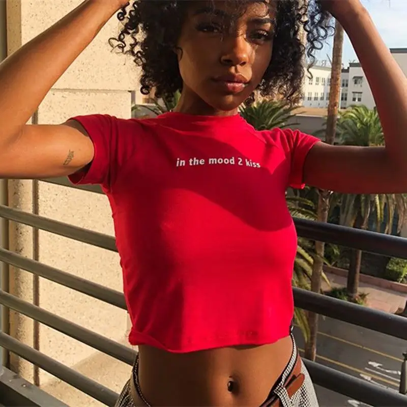 

Momoluna Summer Crop Top T Shirt Women in the Mood 2 Kiss Letter Print Tight Red Tee Shirt Femme Tees Shirts Tops