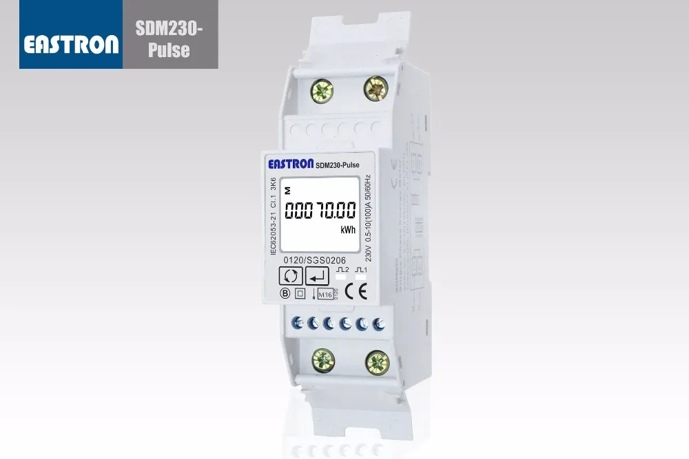 SDM230Pulse MID, 220/230 V, 1 фаза 2 провода, Макс 100A направленное соединение, двунаправленное, кВтч, кВтч, кВт, КВ, кВА, ПФ, Гц, ДМД