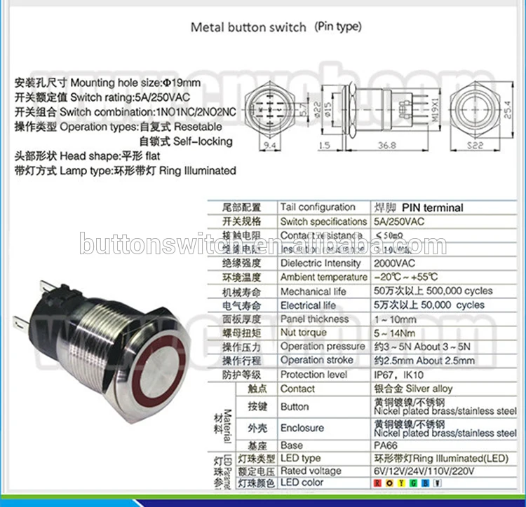 1961 waterproof push button 2NO2NC DPDT Momentary or latching push button switch 19mm waterproof led button