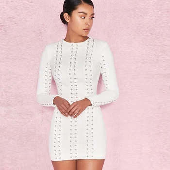 

2019 new white bandage mini dress Vestidos long sleeve O-neck Bodycon lace dress sexy fashion celebrity party dress