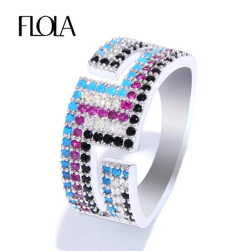 

FLOLA Top Quality Luxury Silver Zircon Geometry Ring Blue Black Wedding Band Ethnic Turkish Ring Present Women Jewelry rigf41