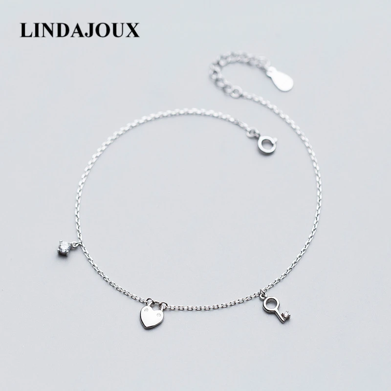 

Cute Small Heart Key Clear Zircon Charm 925 Sterling Silver Anklet For Women Foot Chain Ankle Bracelets Summer Jewelry