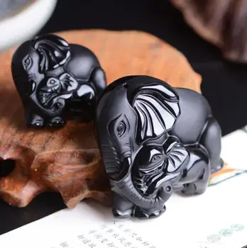 

Natrual Obsidian Carved Elephant Nose God of Wealth Lucky Pendants Black Obsidian Necklace Pendant