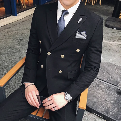Двубортные мужские костюмы набор Slim Fit деловые костюмы Homme чистый цвет Формальные белые мужские выпускные костюмы джентльмен черный смокинг - Цвет: black