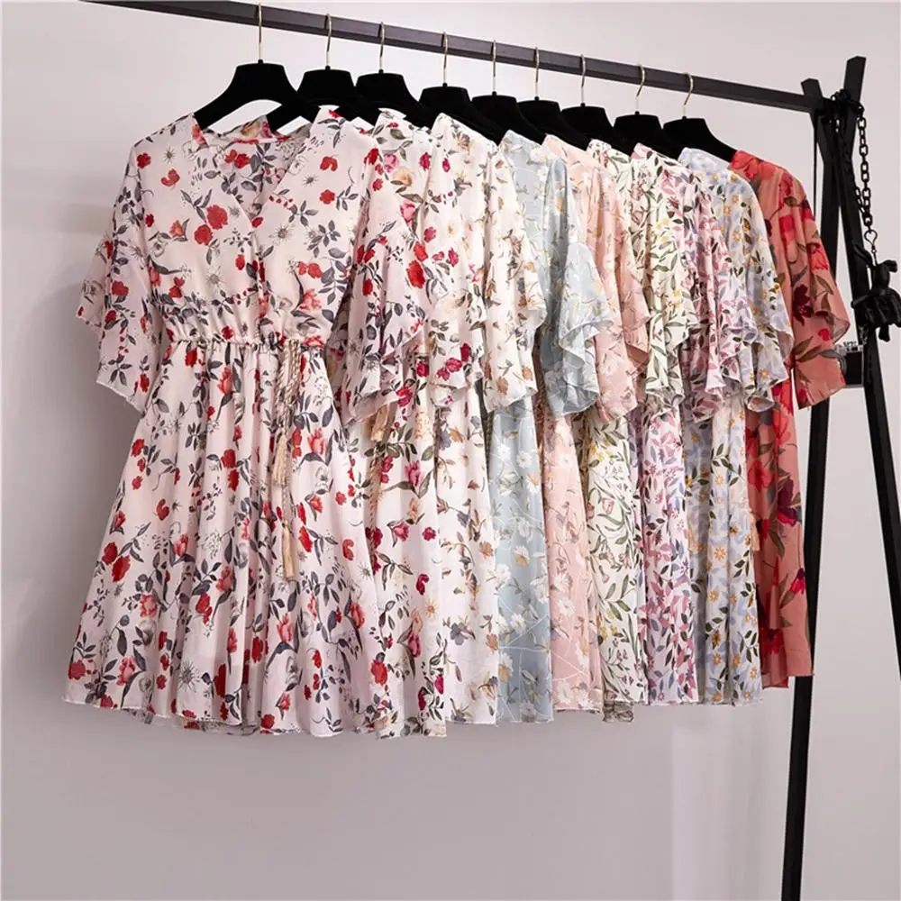 

Summer Chiffon Dress Flower print Boho Beach Dress Vintage V-Neck Ruffles Flare Sleeve A-Line Party Mini Dress Sundress Vestidos