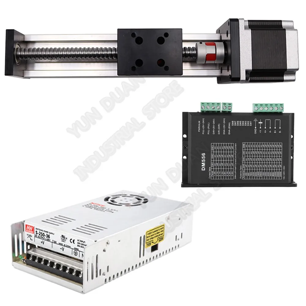 

100MM Stroke Slide Table Guide Rail Sliding Linear BallScrew Rod Platform & NEMA23 57MM Stepper Motor Driver Power Supply Kits