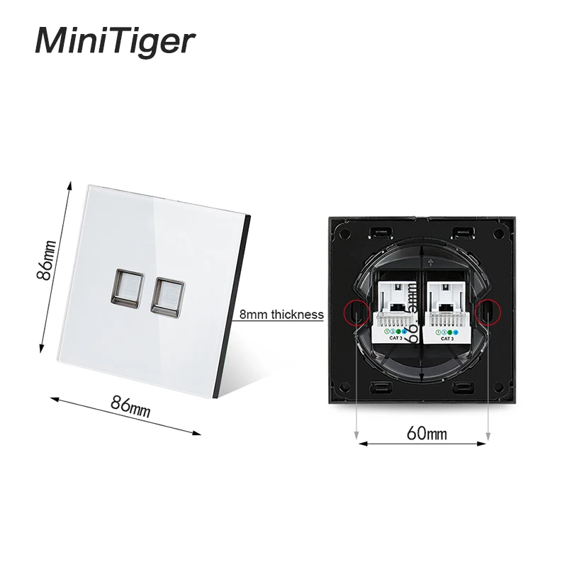 Minitiger белая Роскошная рамка из хрустального закаленного стекла двойной RJ11 Tel Jack