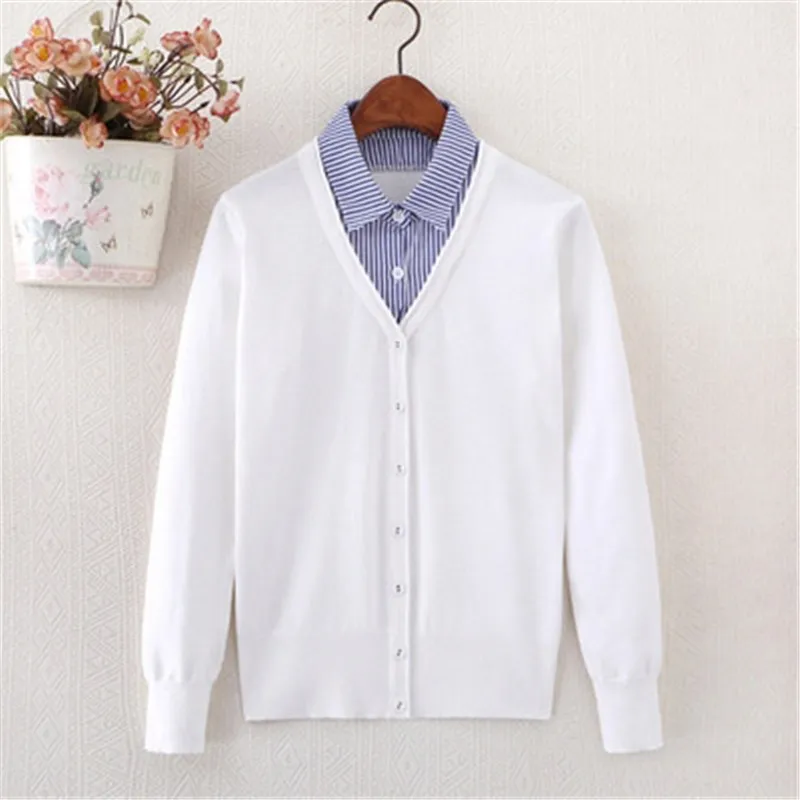 Women Knitted Cardigan New Autumn Shirt Collar Fake Two-Piece Tops Spring Large Size Leisure Slim Fit Ladies Sweater Coat Lj354