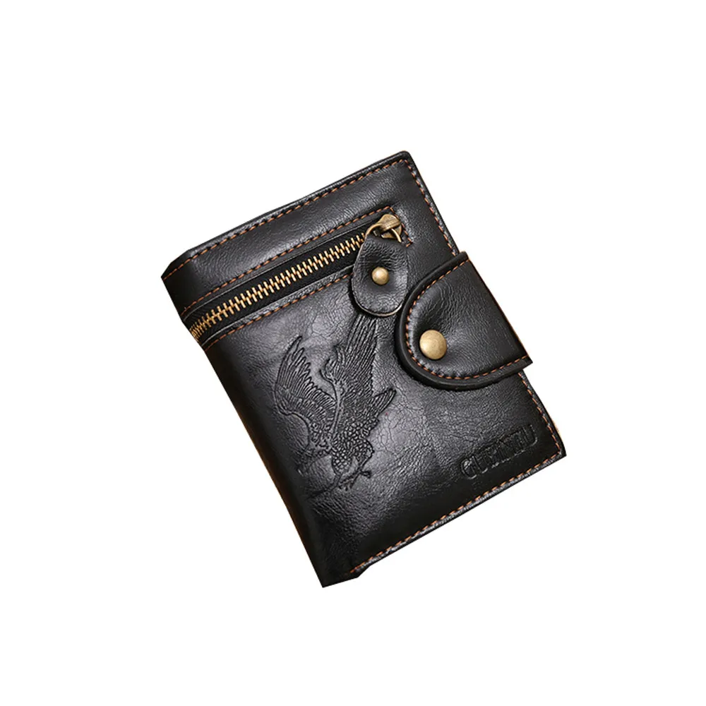 

High Quality Vintage Purse For Men Leather Handbags Short Wallet Card Cash Receipt Holder Eagle Pattern Vertical Wallet Black