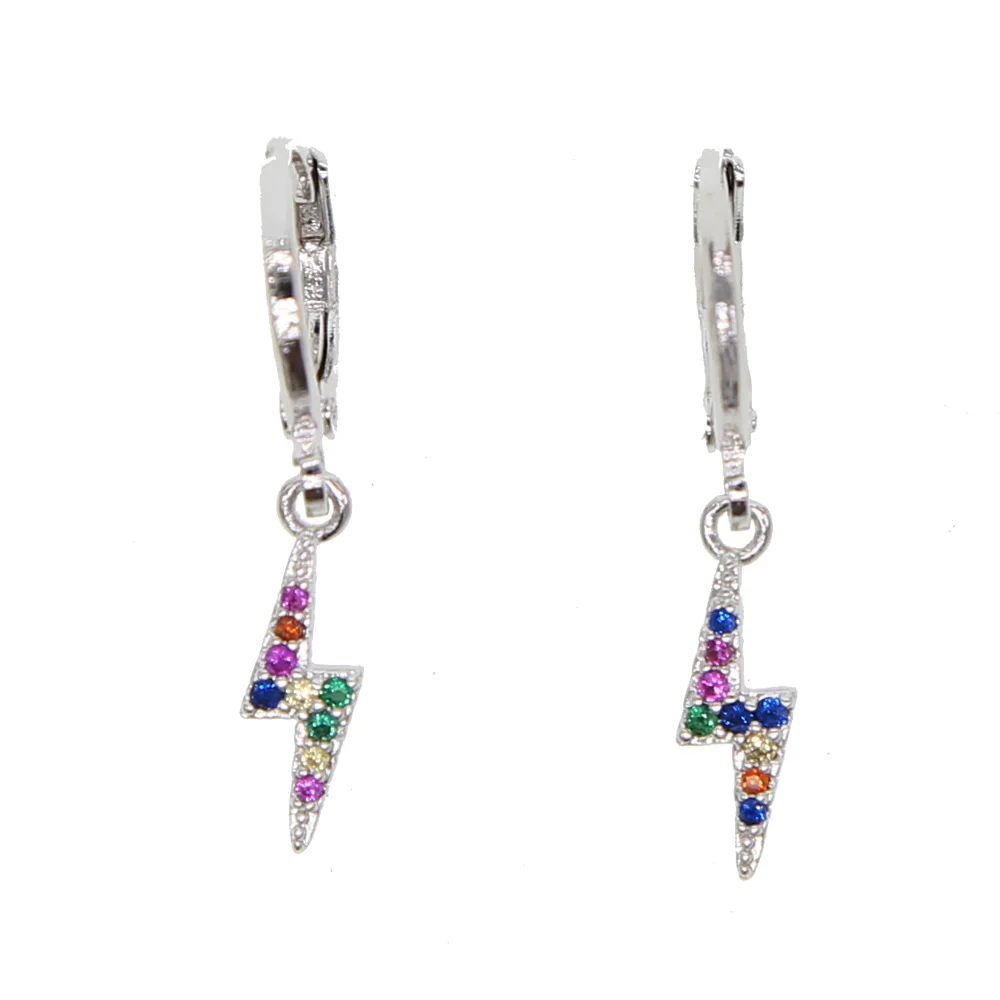 

new arrived silver color rainbow cz lightning charm pendant dangle charm earring with hoop set wedding party cute mini earring