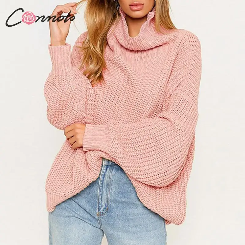 

Conmoto Winter 2019 Knitted Women Sweaters Loose High Fashion Sweater Casual Solid Pink Turtleneck Jumper Pullovers