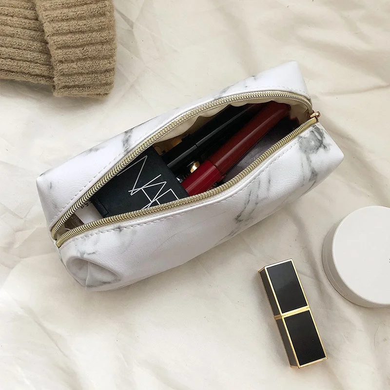 

Cosmetic Storage Bag Marbled Pattern Makeup Brushes Organizer Bag With Golden Zipper For Women PU Leather Hand Bags