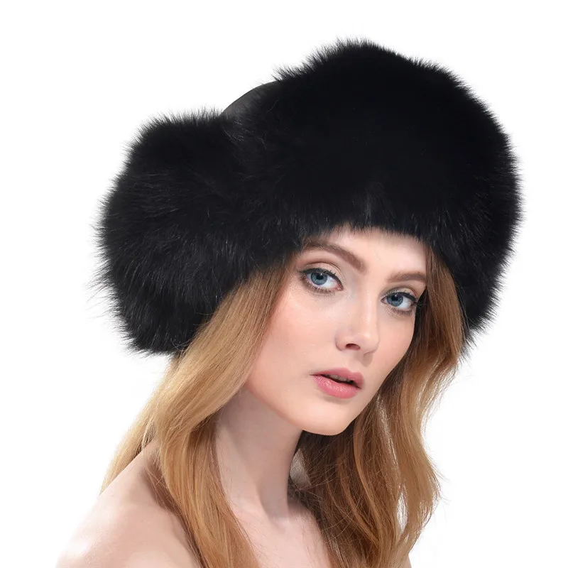 Новая женская зимняя теплая кожаная шапка с мехом лисы, с мехом, с ушками, женская шапка-бомбер LH303 - Цвет: color 4  black