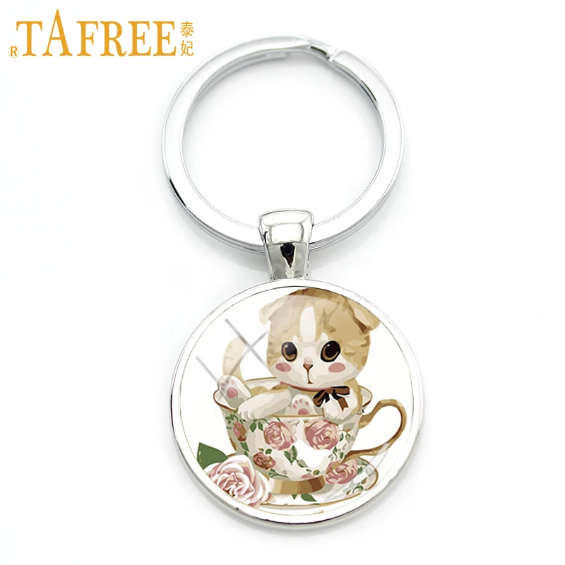 

TAFREE cute modeling Pet cat keychain Teacup cat keying ring Glass Carbochon key chain for Childen's gift jewelry TB44