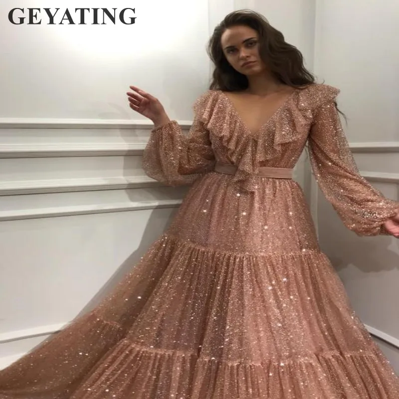 

Sparkle Sequined Rose Gold Prom Dresses Long Sleeves V-Neck Arabic Evening Party Dress 2019 Elegant Dubai Women Formal Gowns