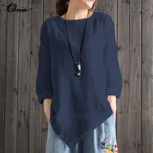 Женская летняя и осенняя блузка cellumia, винтажный Топ, Повседневная рубашка с длинным рукавом, льняные топы, Женская Асимметричная блуза 4XL