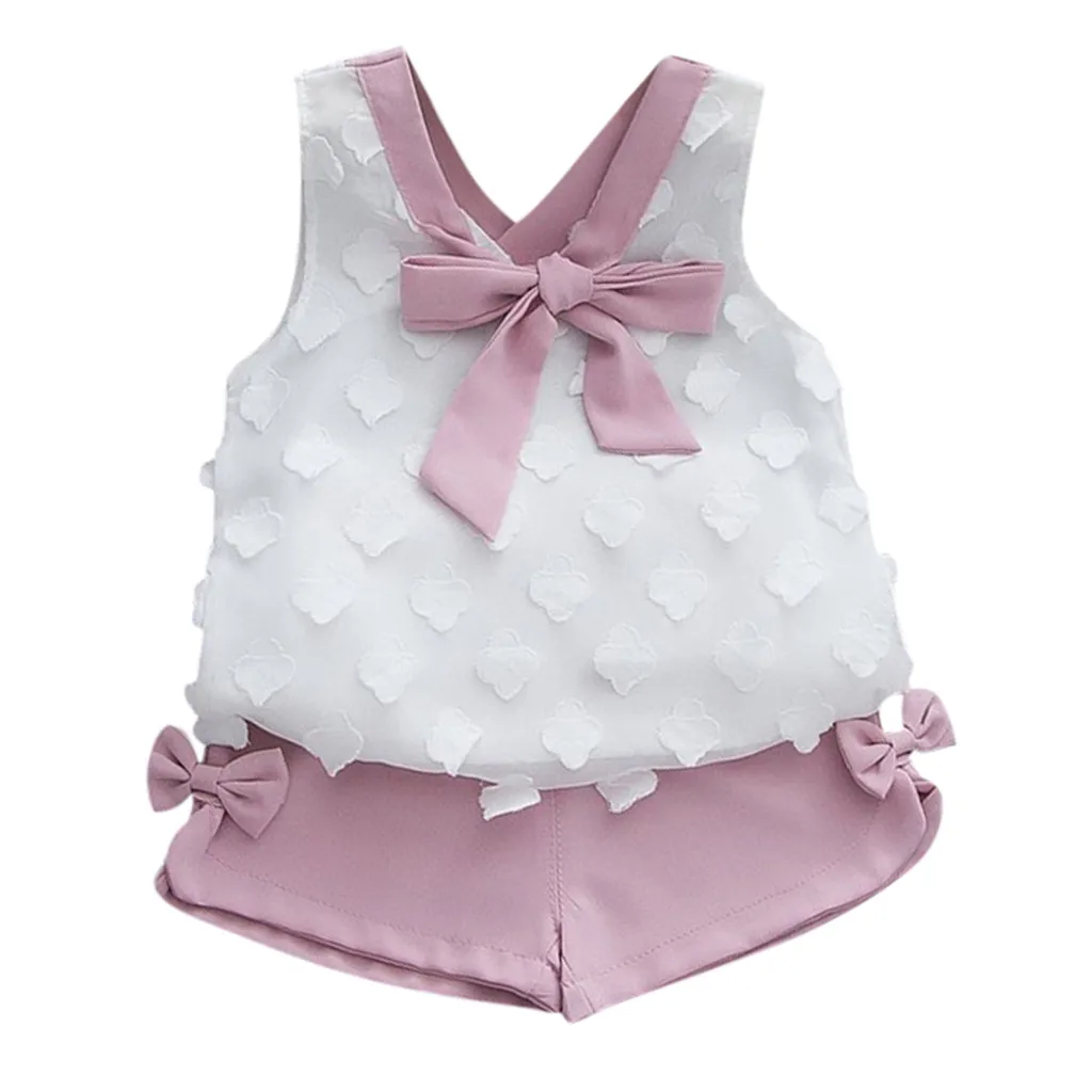 

Perimedes Kids Girls Sleeveless Clothes Sets Toddler Kids Baby Girls Outfits Summer Clothes Bowknot T-shirt Vest+Shorts Set