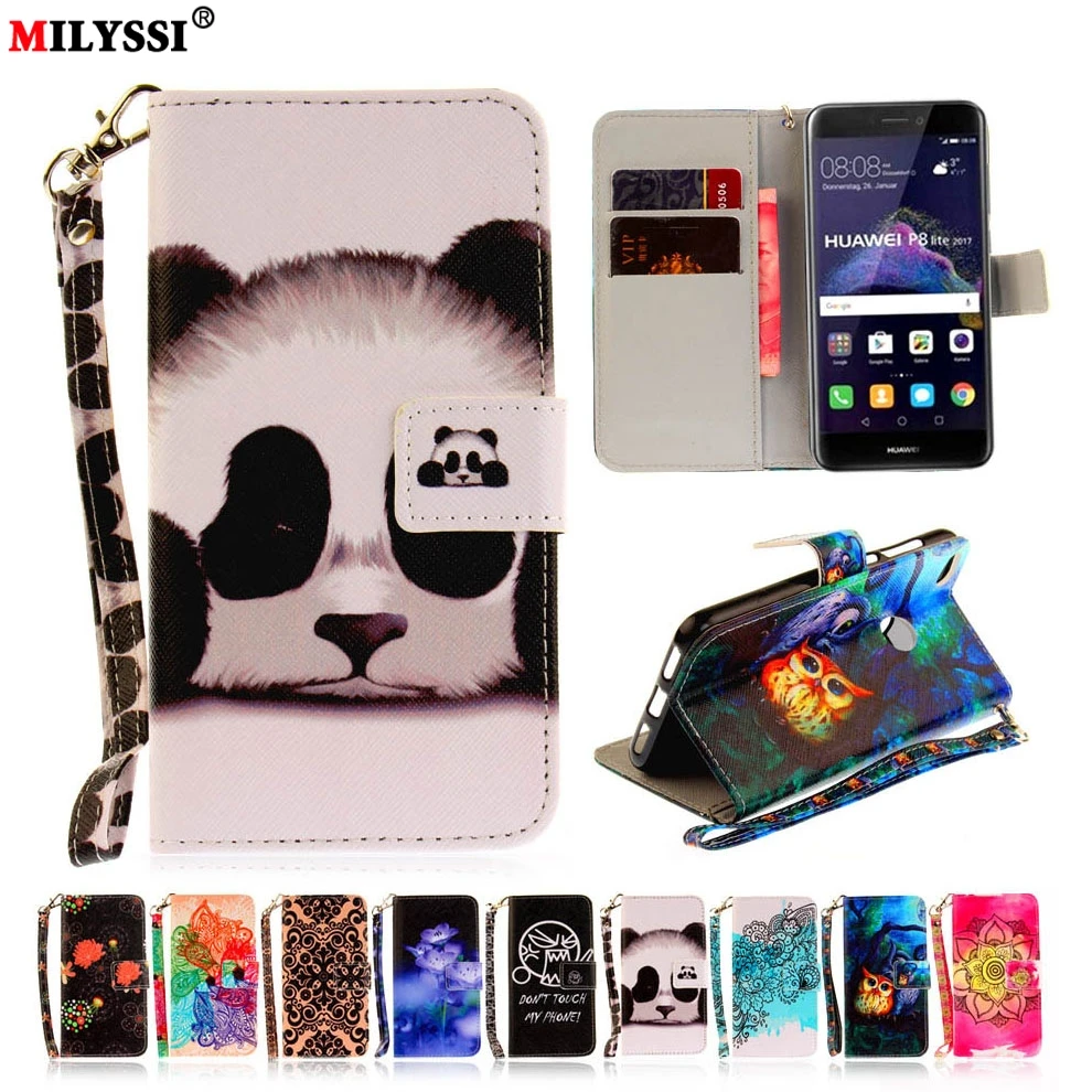 Luxury Leather Phone Case For huawei P8 P9 Lite 2017 Cartoon pattern Print Flip Cover with Card Slots Shell | Мобильные телефоны и